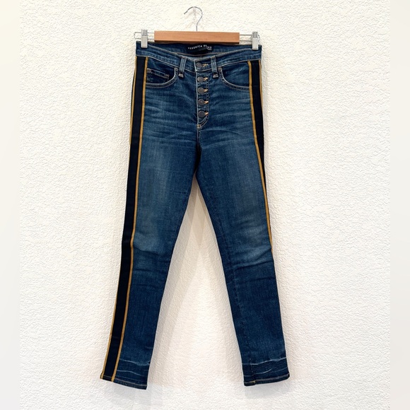 NEW Veronica Beard Crop Slim Fit Button Fly Tuxedo Stripe Jeans in Dark Wash - Picture 7 of 12